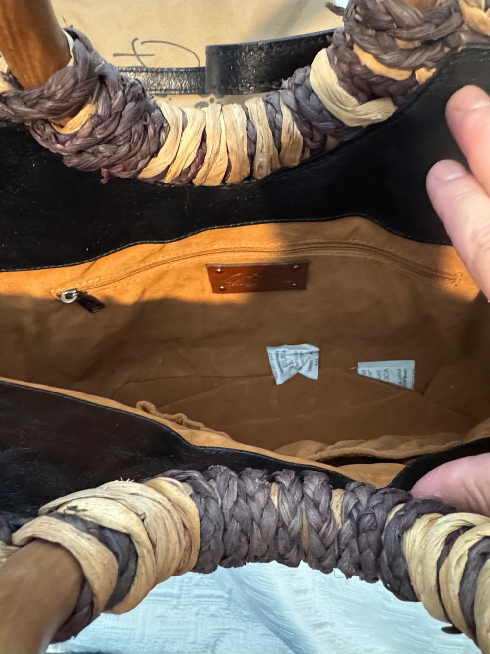 Patricia Nash Brown and Tan Braided Straw Tote with Wooden Handles - Picture 3 of 6